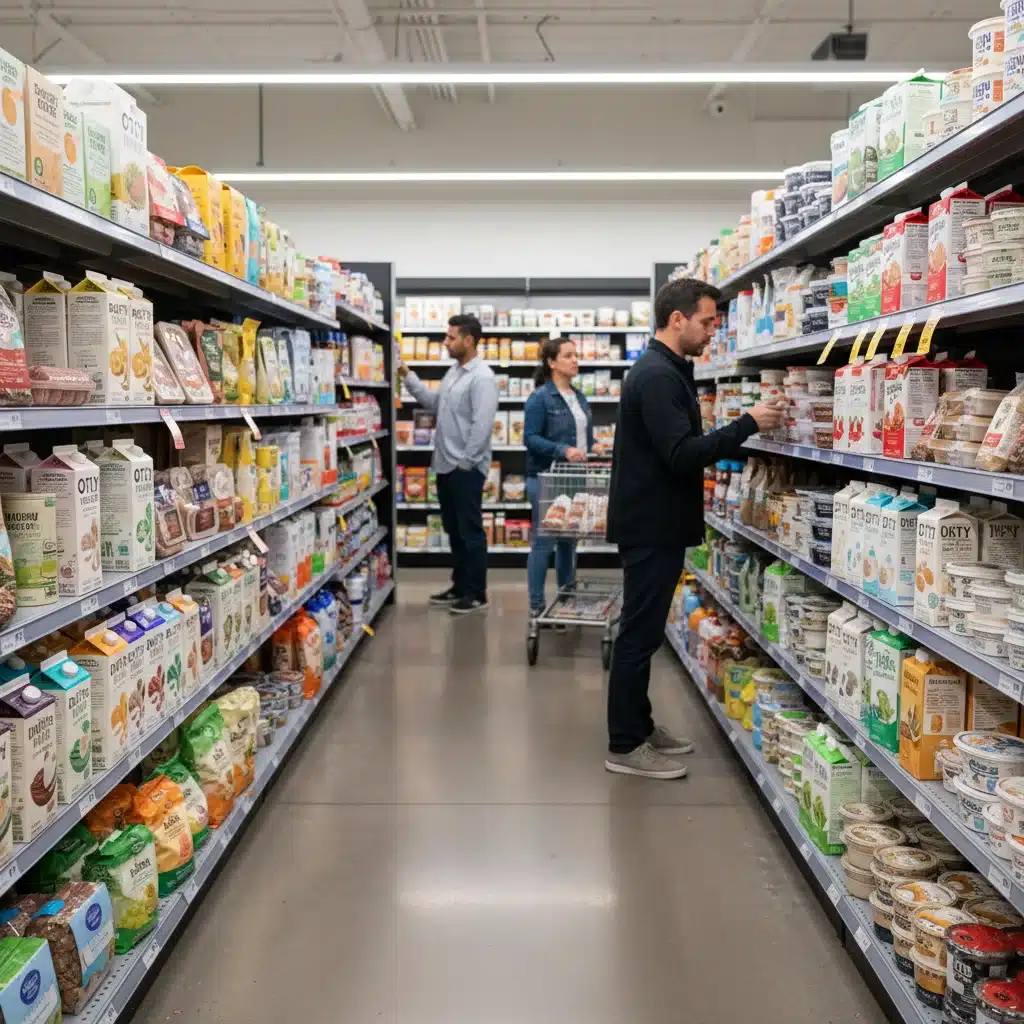 Supermarket aisle with diverse plant-based and alternative protein products.