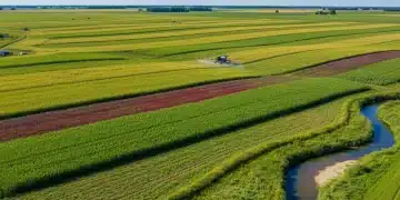 Aerial view of a sustainable farm with precision agriculture technology and clear waterways.