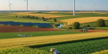 Sustainable US farm with wind turbines and healthy crops, symbolizing climate-resilient agriculture.