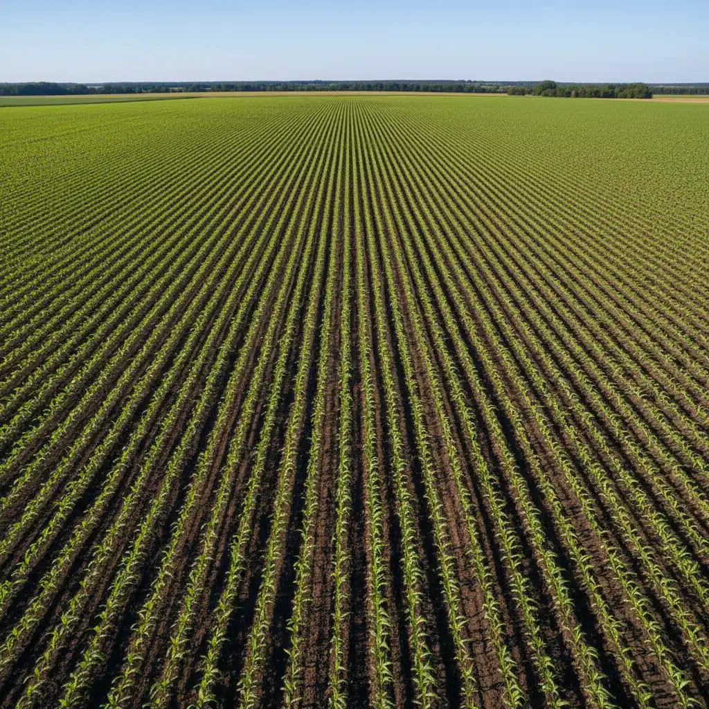 Aerial view of uniform corn seedling rows, showcasing high singulation success