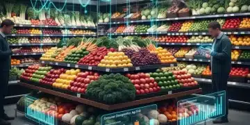 Diverse fresh produce display with digital trend overlays, symbolizing future food demand shifts