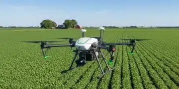 Agricultural drone flying over a green crop field, symbolizing advanced crop monitoring technology for yield improvement.