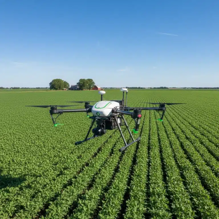 Agricultural drone flying over a green crop field, symbolizing advanced crop monitoring technology for yield improvement.