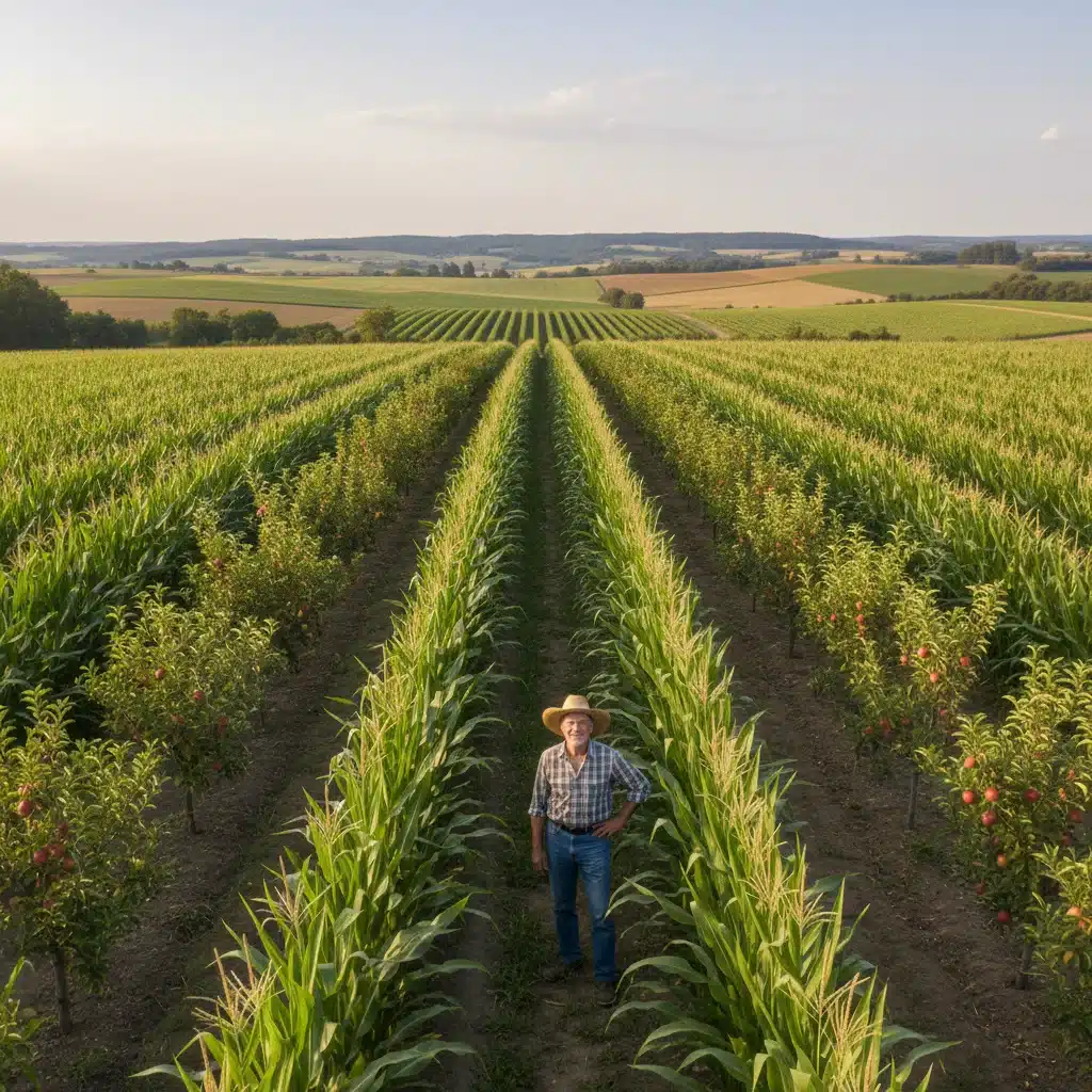 Farmer observing corn grow between fruit trees in an alley cropping system.