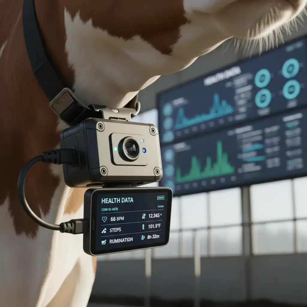 Dairy cow with health monitoring sensor collar
