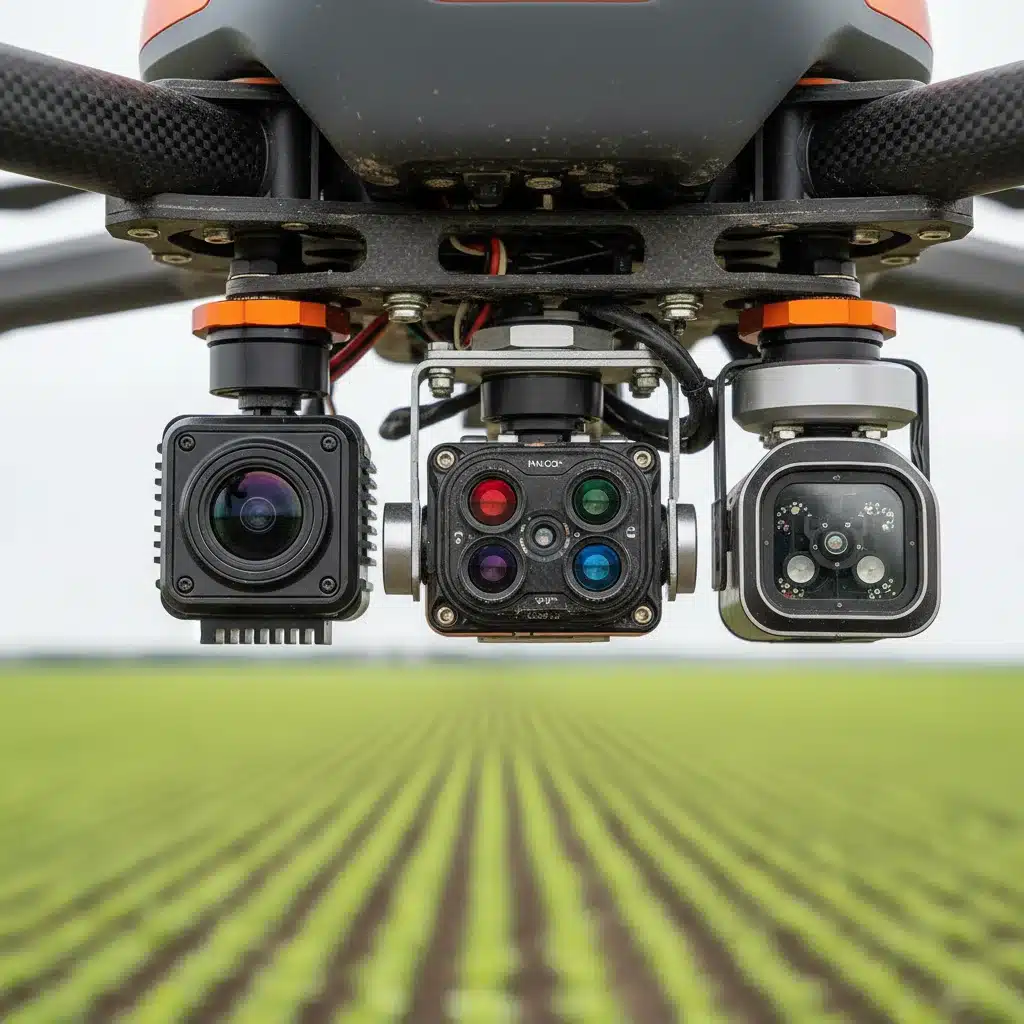 Advanced multispectral and thermal sensors on an agricultural drone, highlighting data collection capabilities for crop analysis.