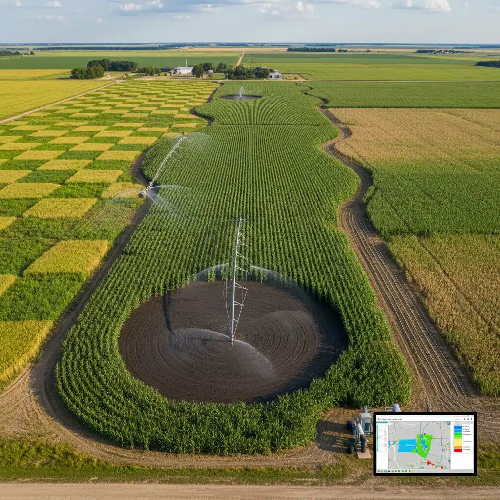 Aerial drone perspective of a farm demonstrating variable rate irrigation for zonal water application and crop optimization.