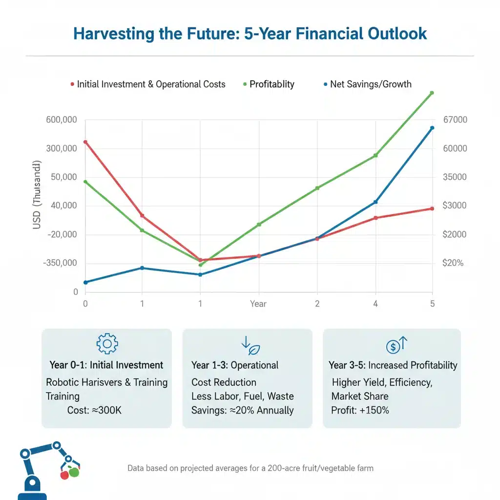 Infographic showing 5-year financial projection for robotic harvesting on a small farm.
