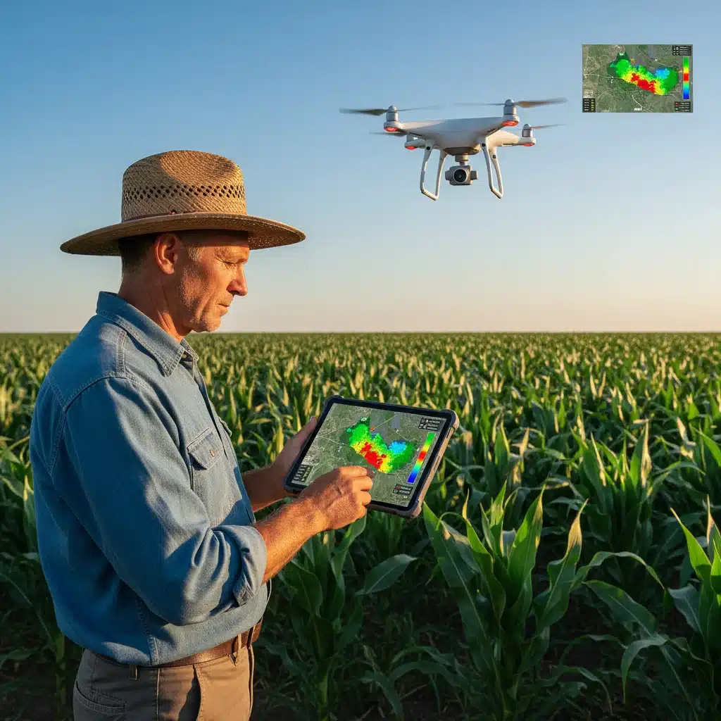 Farmer reviewing drone-generated crop health data on a tablet in a field, demonstrating precision agriculture.