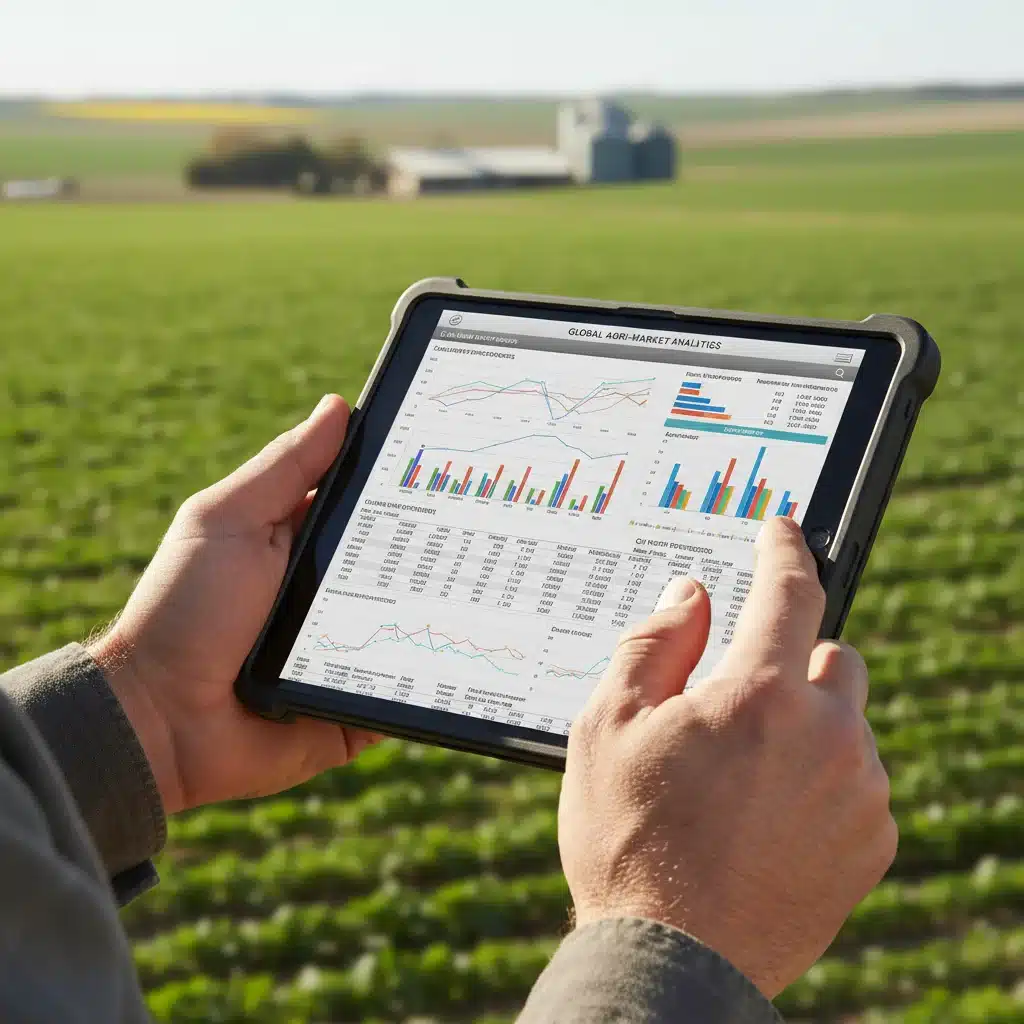 Farmer's hands reviewing market data on a tablet, with fields in background.