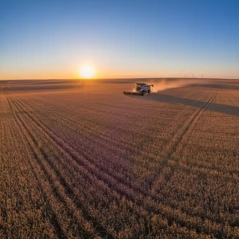 Vast golden wheat field with a combine harvester at sunset, representing agricultural future.