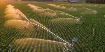 Sunrise over a U.S. farm with precision irrigation systems actively watering crops, symbolizing advanced agricultural technology and water efficiency.