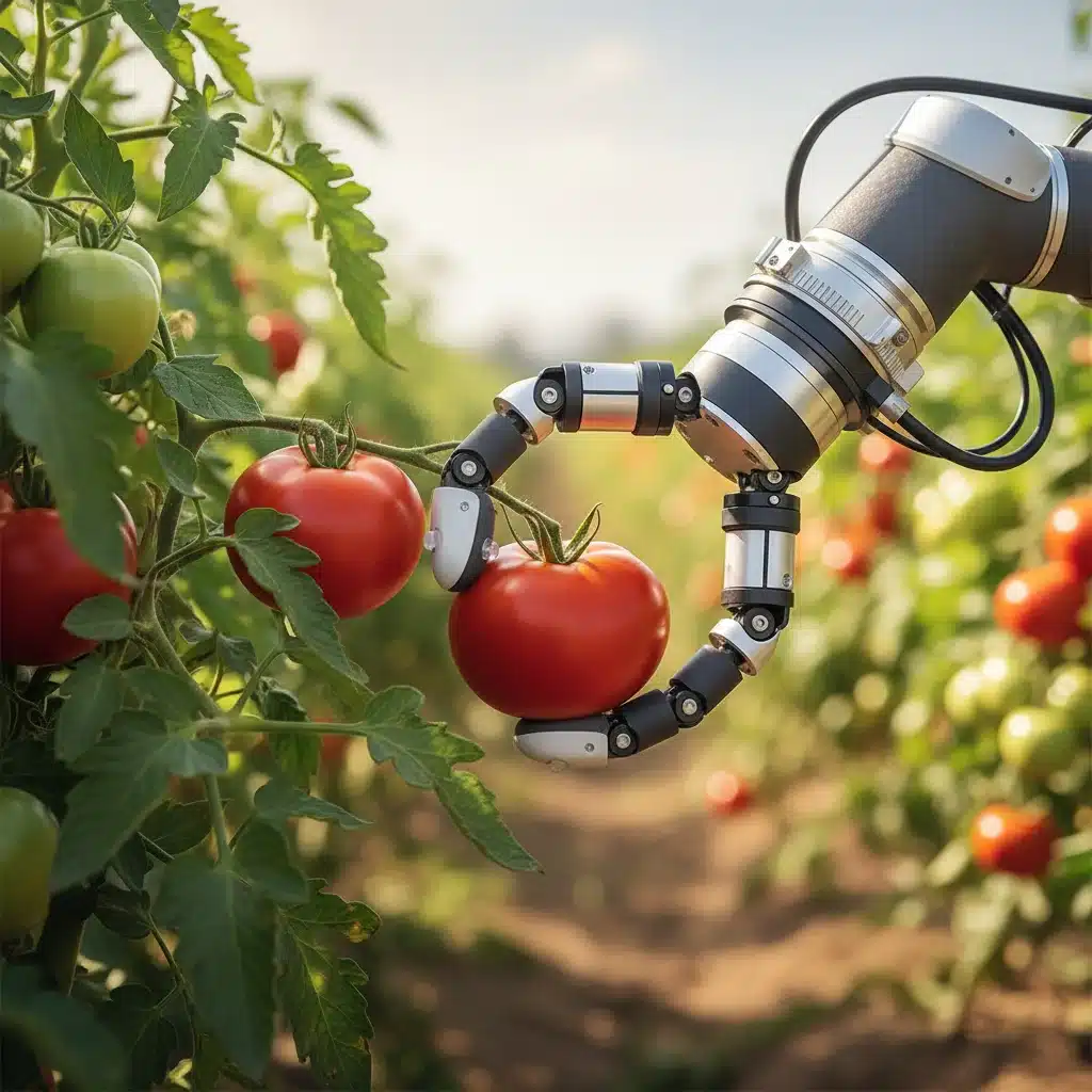 Close-up of robotic arm precisely picking fruit, showcasing automation accuracy.