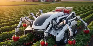Robotic harvester picking strawberries on a US farm at dawn, illustrating advanced farm automation.