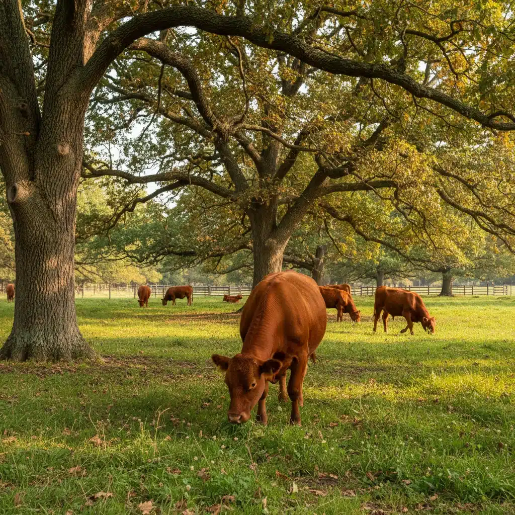 Cattle grazing under scattered trees in a healthy silvopasture system.