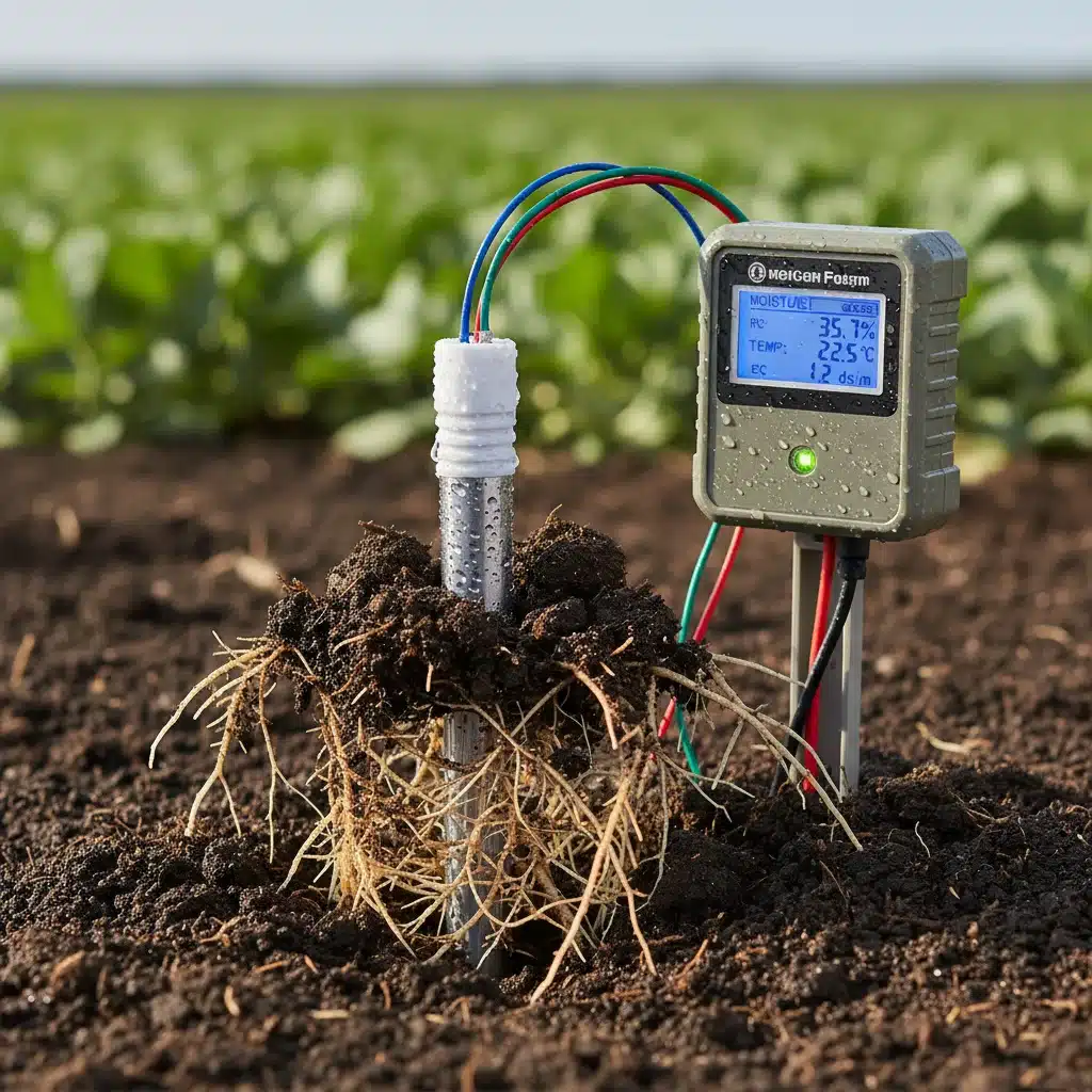 Soil moisture sensor providing real-time data for optimized precision irrigation in a farm field.