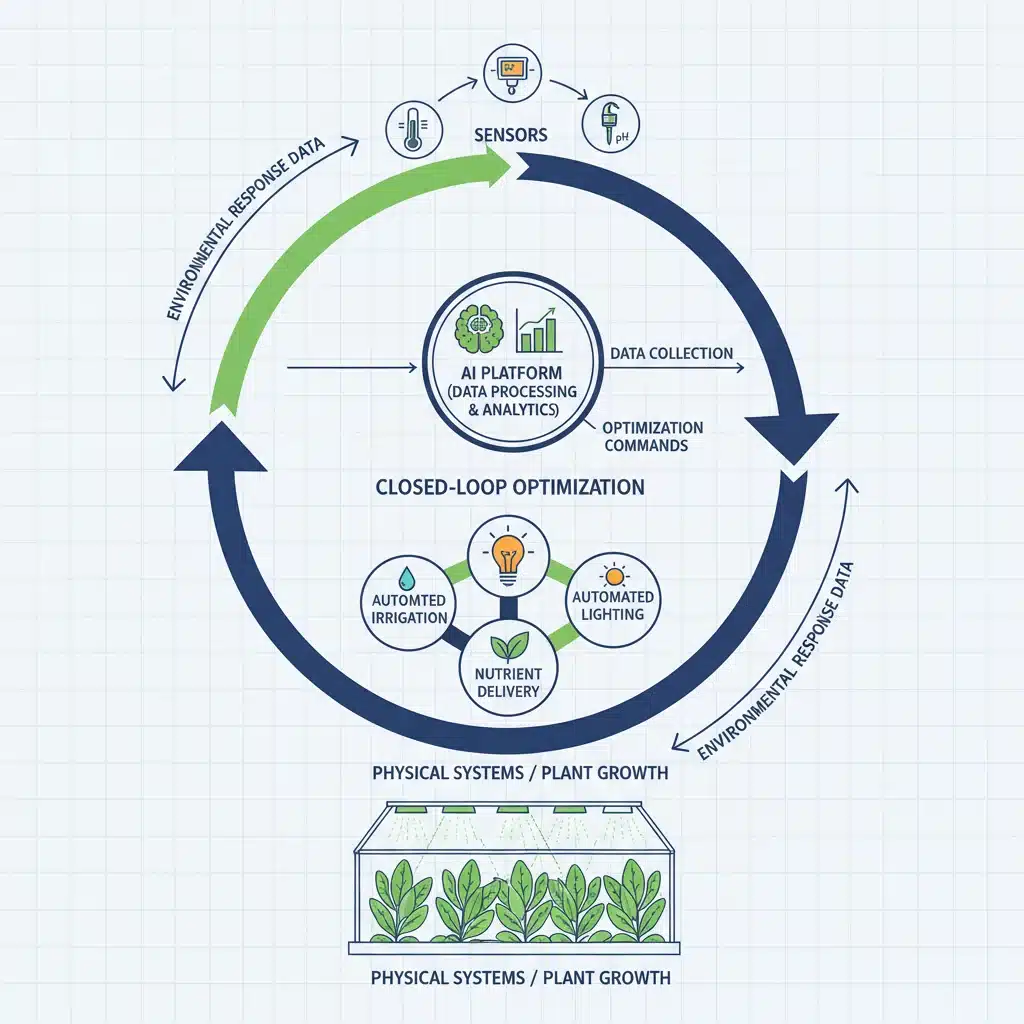 Diagram of AI-driven closed-loop greenhouse optimization system