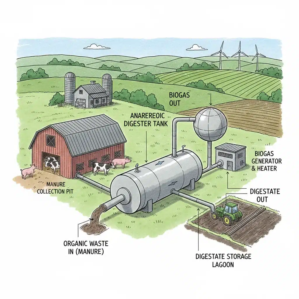 Diagram illustrating an anaerobic digester system for farm waste to energy.