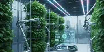 Automated greenhouse interior with robotic arms and LED lights
