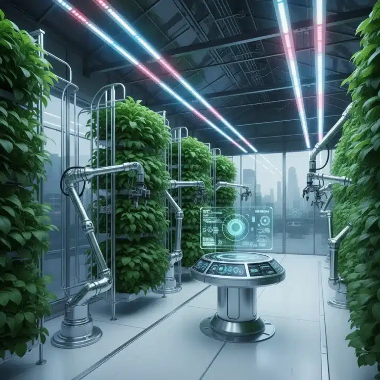 Automated greenhouse interior with robotic arms and LED lights