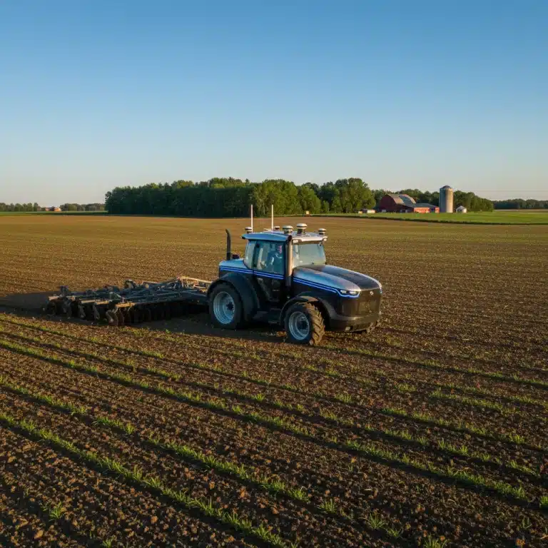 Autonomous tractor working a field in the US, showcasing advanced agricultural technology