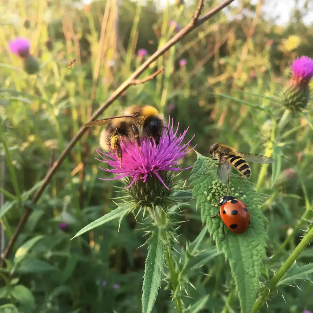 Bee pollinating flower in farm hedgerow
