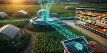 Blockchain technology integrating with modern agriculture for enhanced food supply chain traceability and waste reduction.