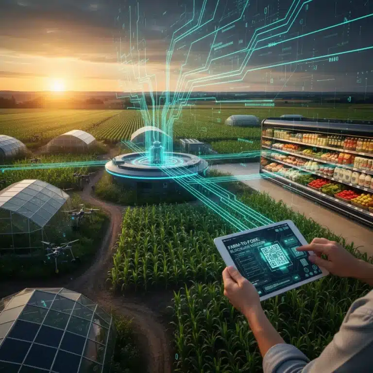 Blockchain technology integrating with modern agriculture for enhanced food supply chain traceability and waste reduction.
