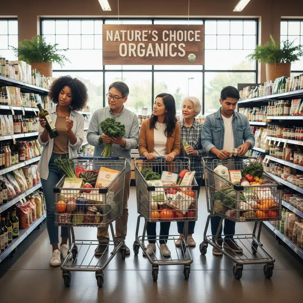 Consumers selecting organic products in a grocery store