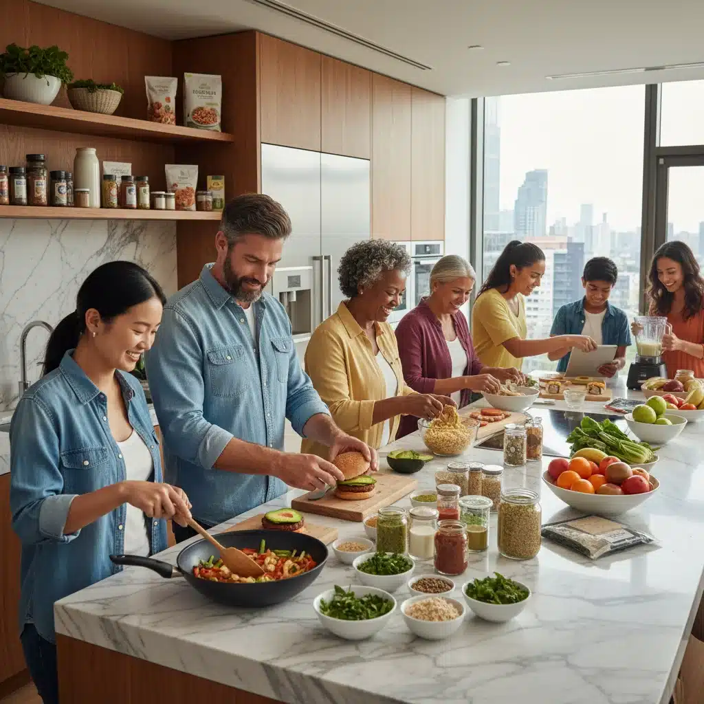 Diverse group cooking, showcasing evolving dietary preferences and convenient meal solutions
