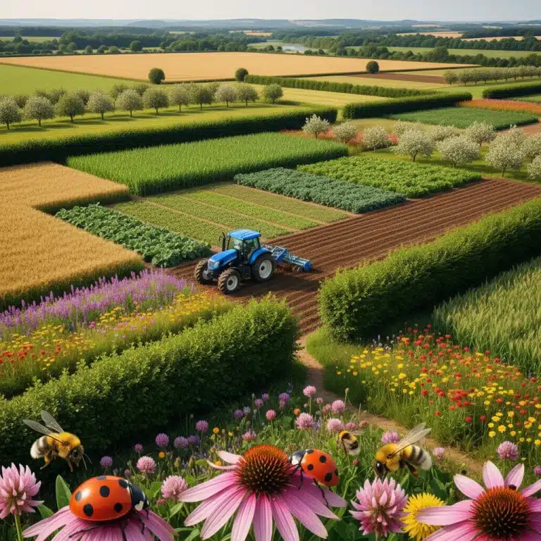 Diverse farm landscape with wildflowers and beneficial insects