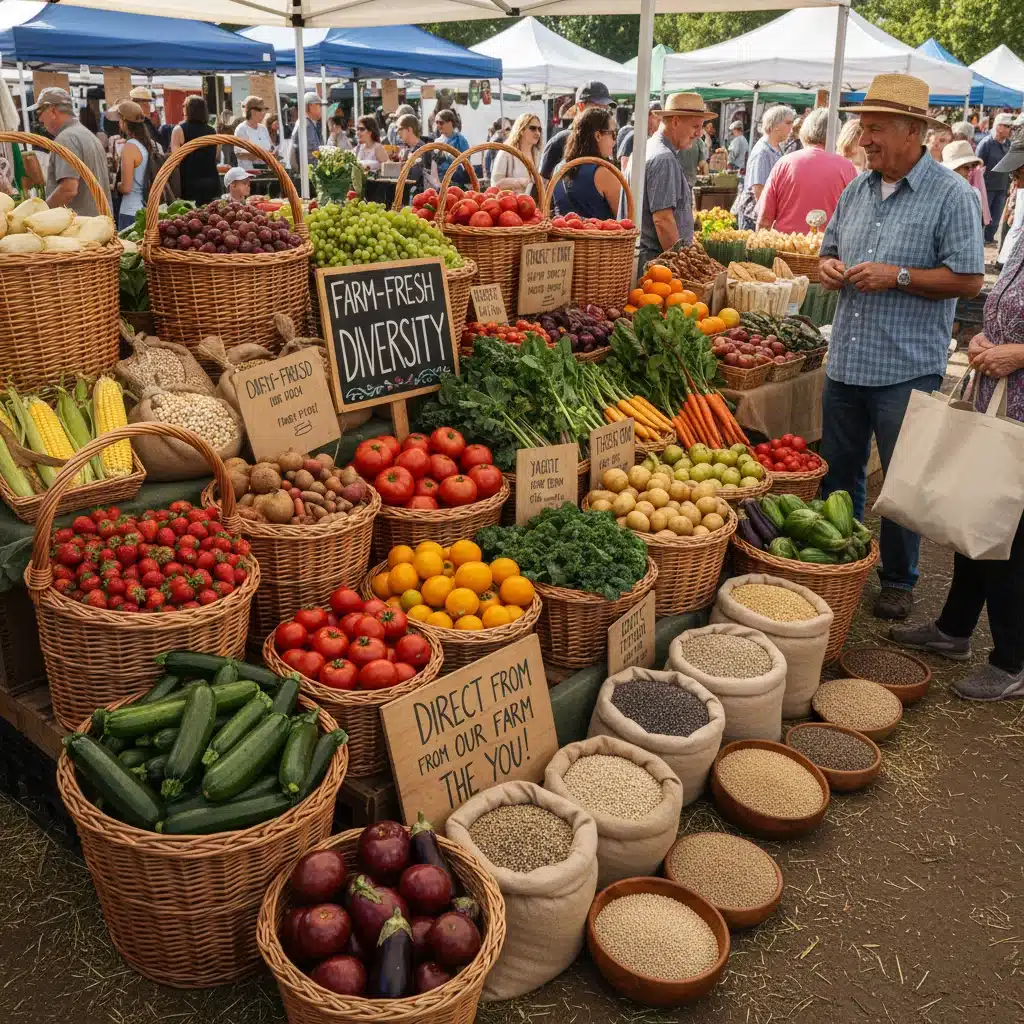 Diverse agricultural products at a farmer's market, showcasing successful crop diversification.