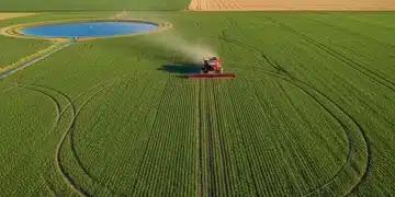 Aerial view of a sprawling green farm field with a tractor, symbolizing modern agriculture and market challenges.