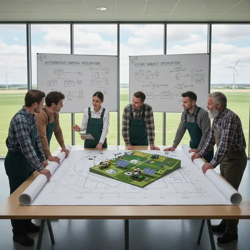 Agricultural experts and farmers planning autonomous farm equipment integration