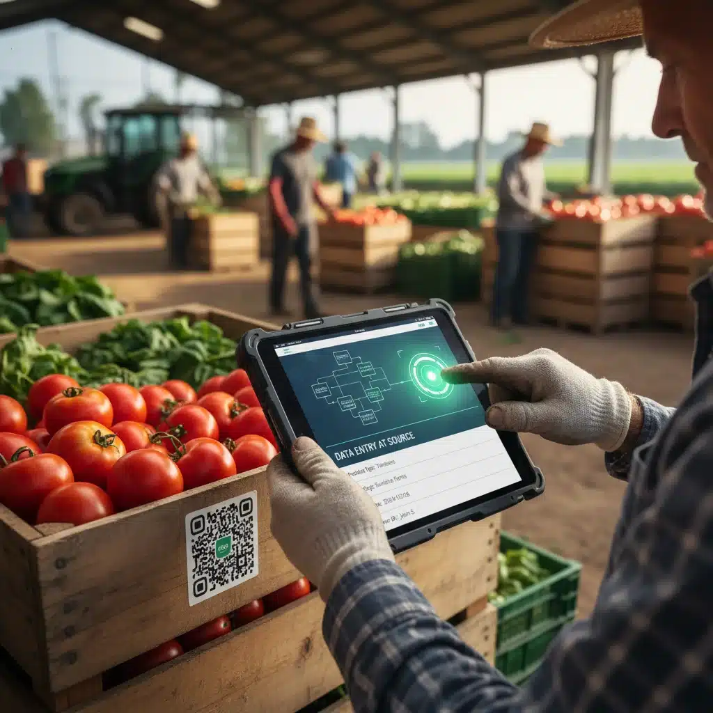 Farmer documenting produce origin on a blockchain ledger via tablet for improved traceability.