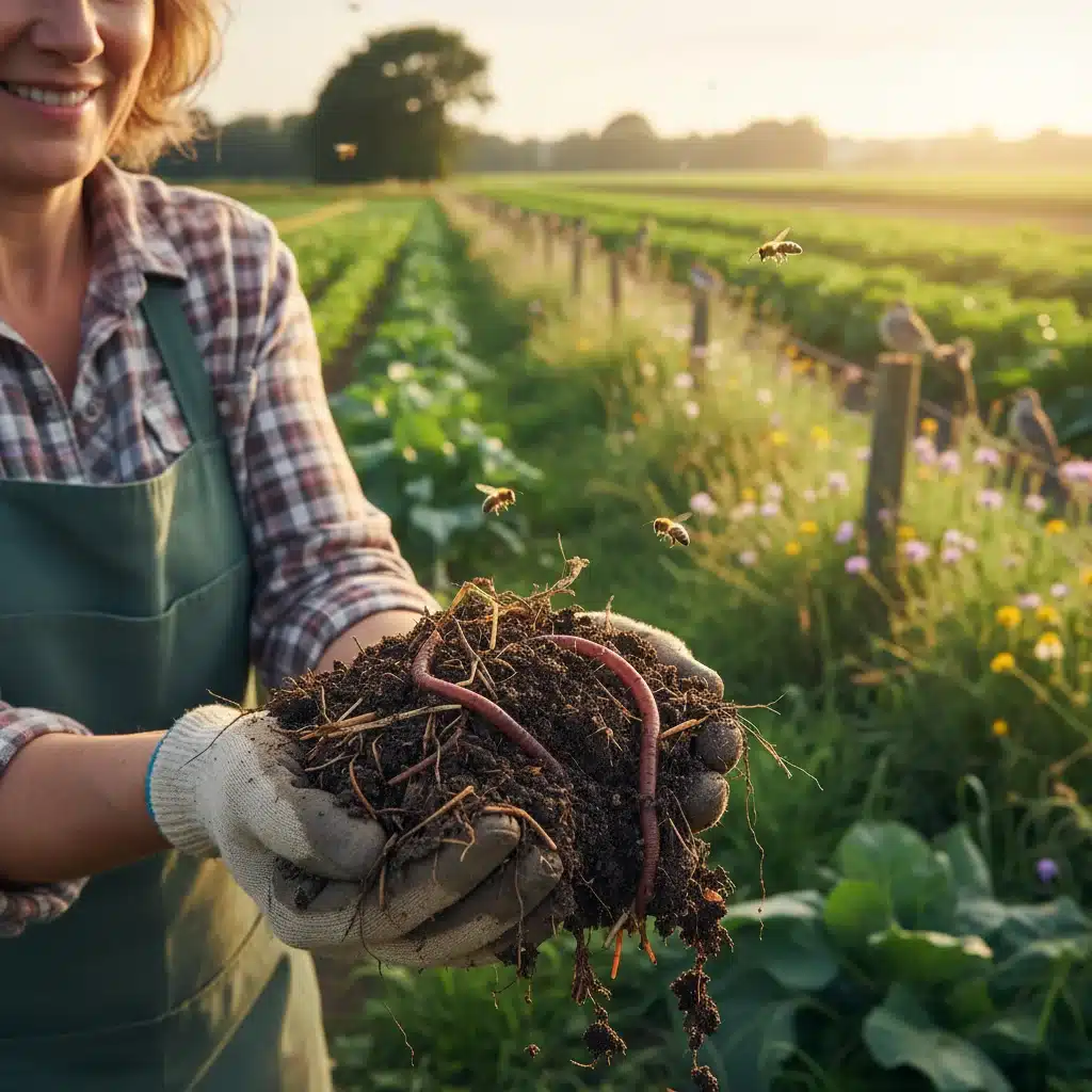Farmer inspecting healthy soil with earthworms