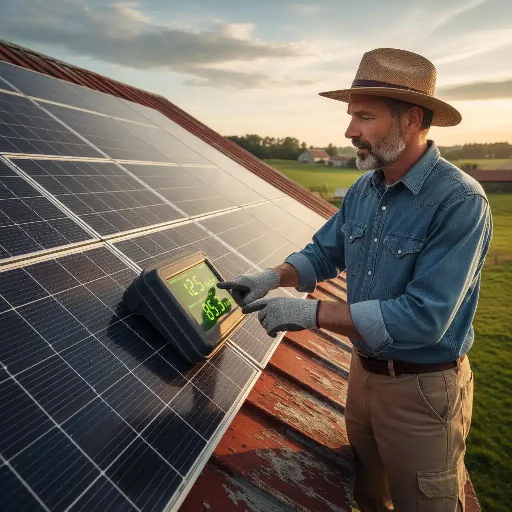 Farmer inspecting solar panels on a barn roof, monitoring energy output.