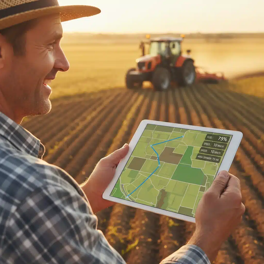 Farmer monitoring autonomous tractor operations on a tablet with real-time data