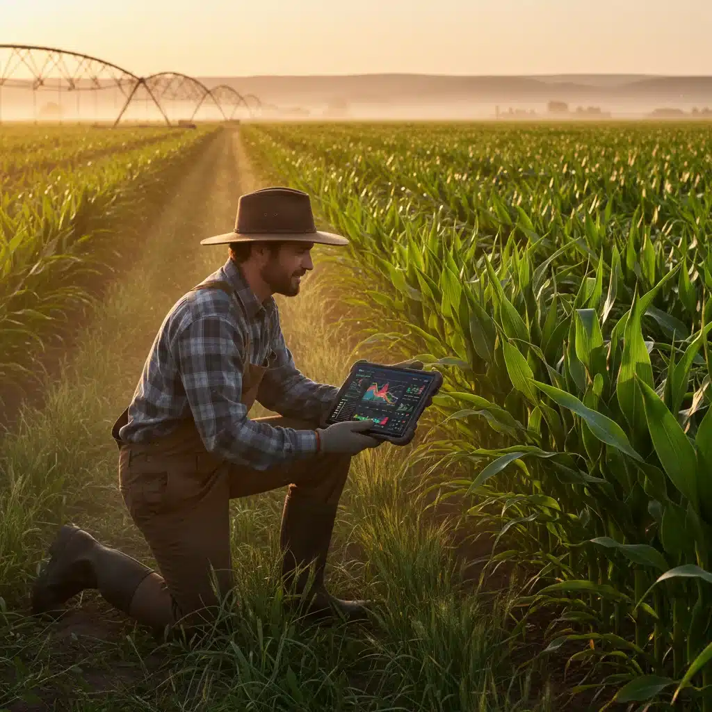 Farmer using tablet for precision agriculture in a field, embracing technology for better yields.