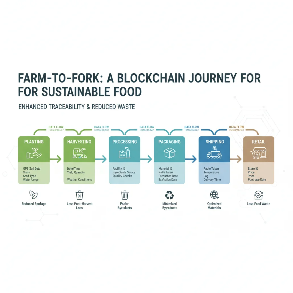 Infographic demonstrating food journey on blockchain, highlighting data points and waste reduction.