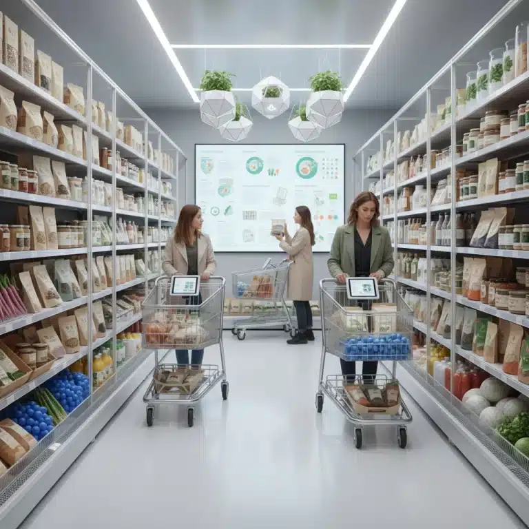 Futuristic grocery store showcasing diverse food products and digital shopping experience