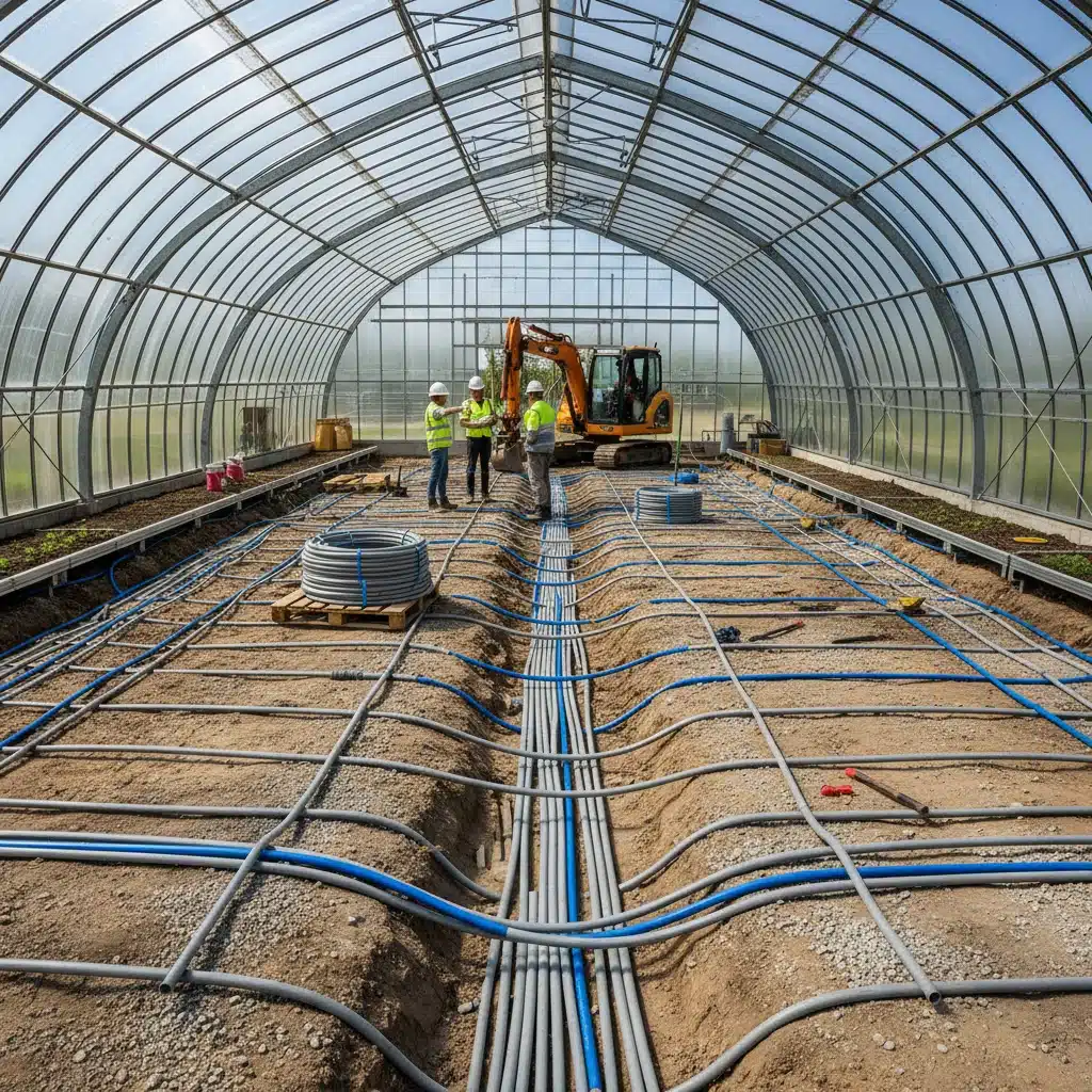 Geothermal heating system installation for a large commercial greenhouse.