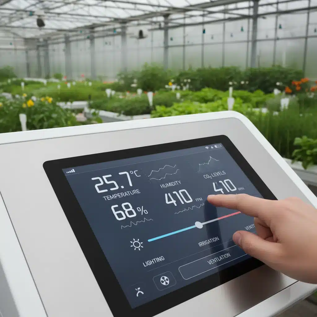 Smart climate control system interface in a greenhouse showing environmental data.
