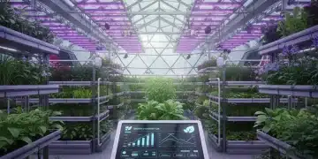 Modern greenhouse interior with advanced LED lighting and digital controls for energy efficiency.