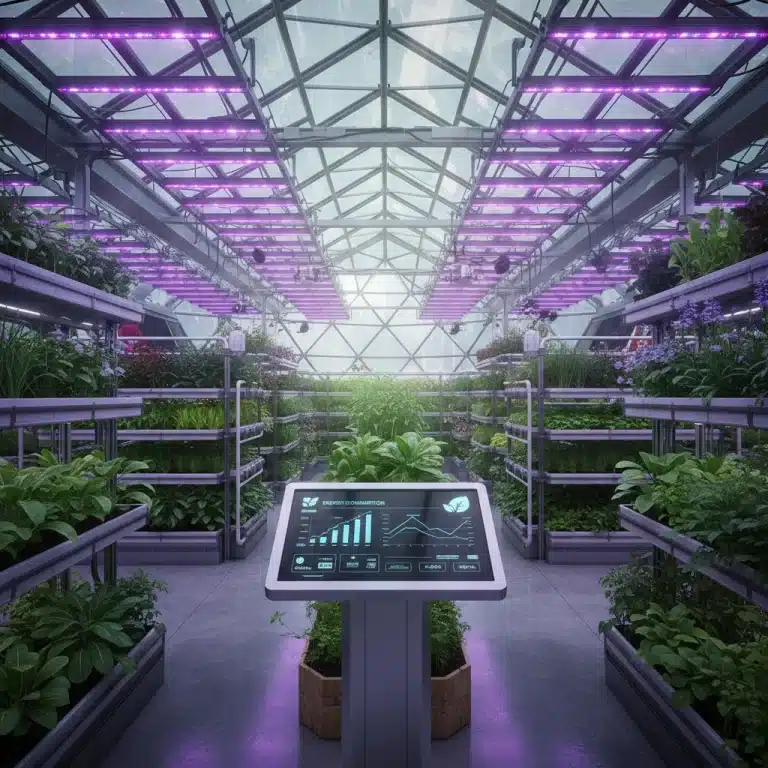Modern greenhouse interior with advanced LED lighting and digital controls for energy efficiency.