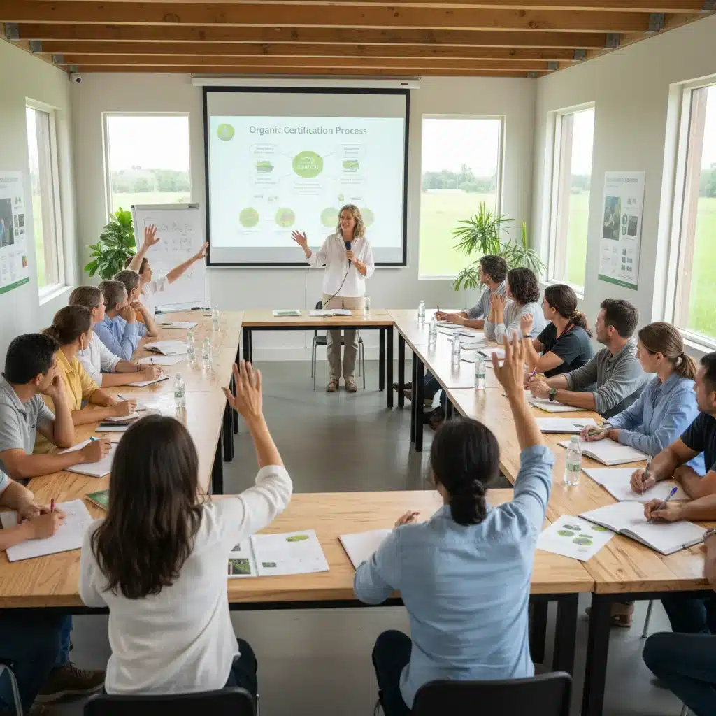 Farmers learning about organic certification requirements in a workshop setting.