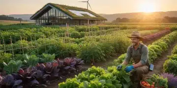 Sunrise over a flourishing organic farm, showcasing a farmer tending to crops and a modern barn.