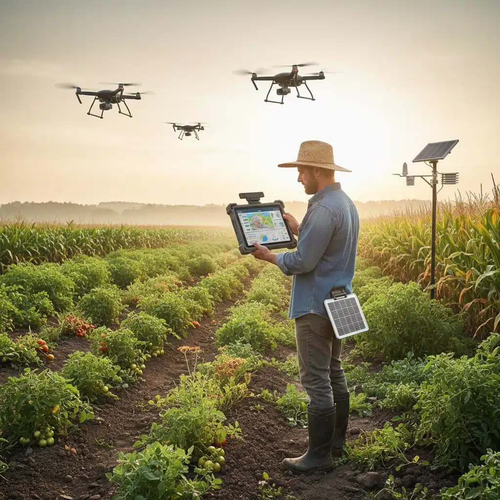 Farmer using technology for organic farm management