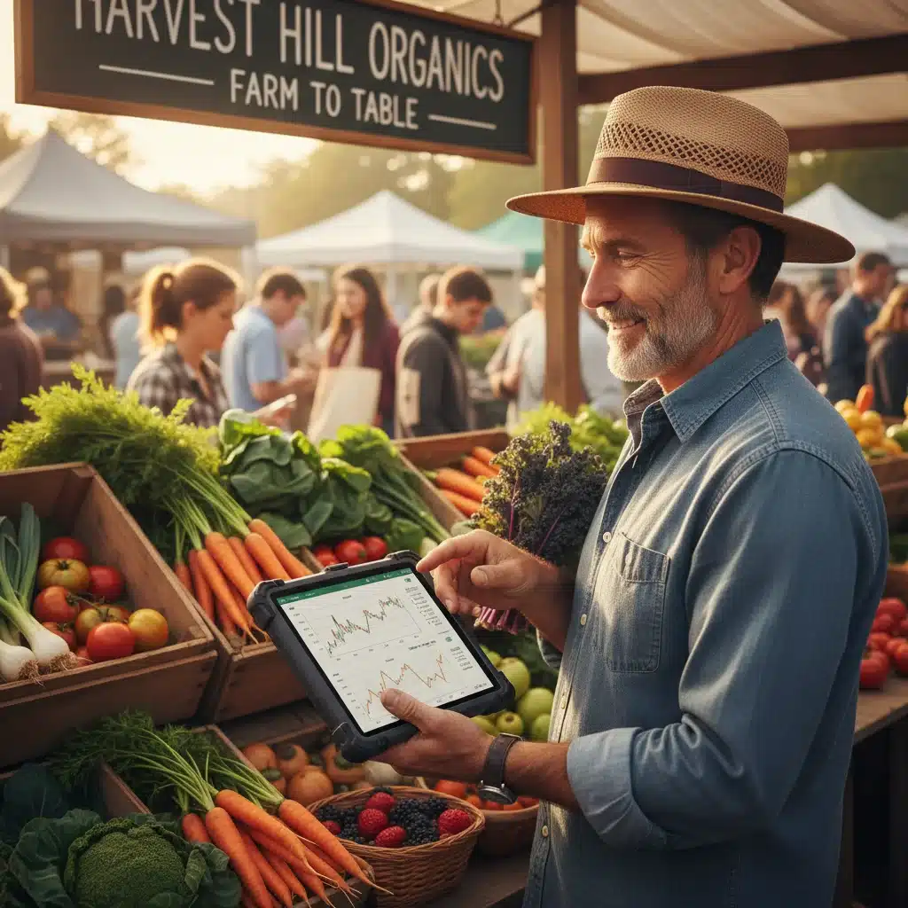 Farmer analyzing organic produce market data on a tablet at a bustling farmers' market.